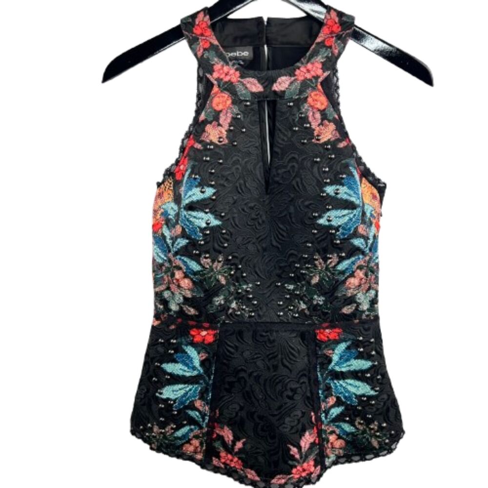 BEBE Embroidered Floral Black Brocade Studded Lace Sleeveless Top Size S
